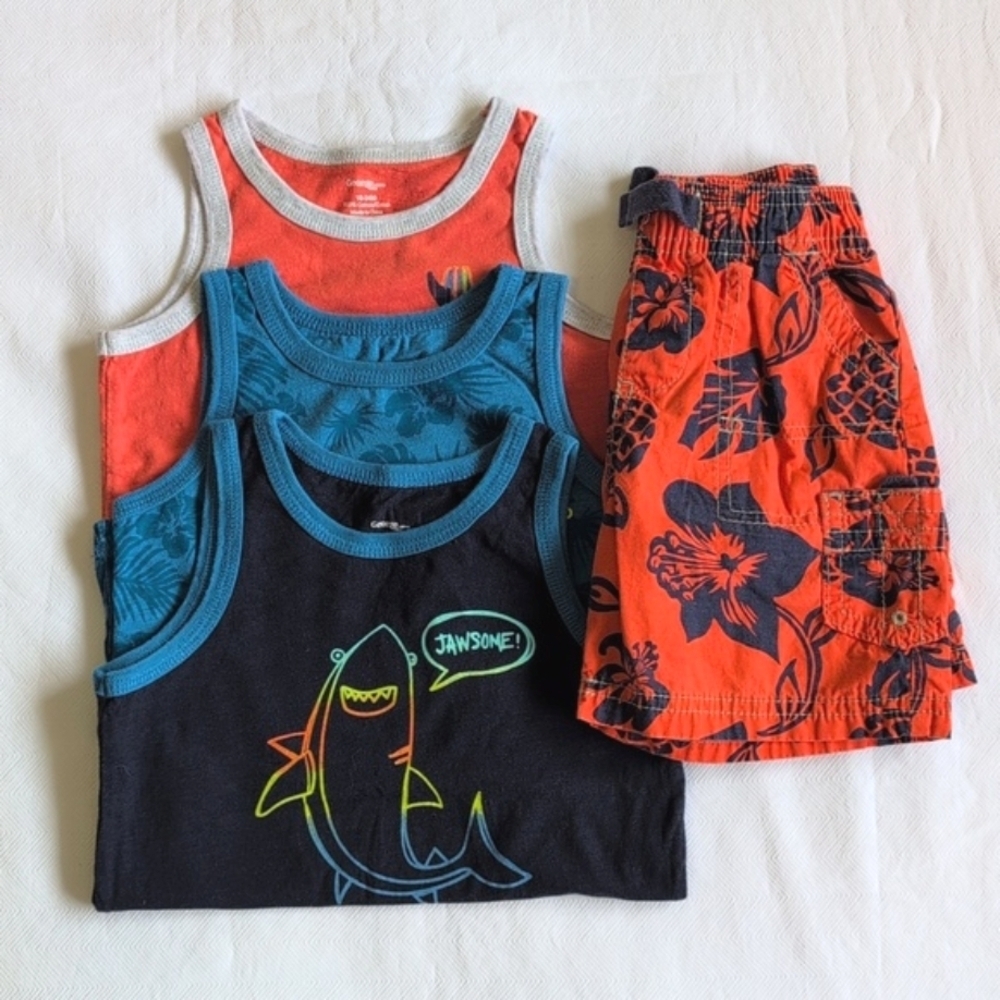 Boys Tropical Shark Tank Tops & Hibiscus Shorts Outfit Bundle Set 18-24M